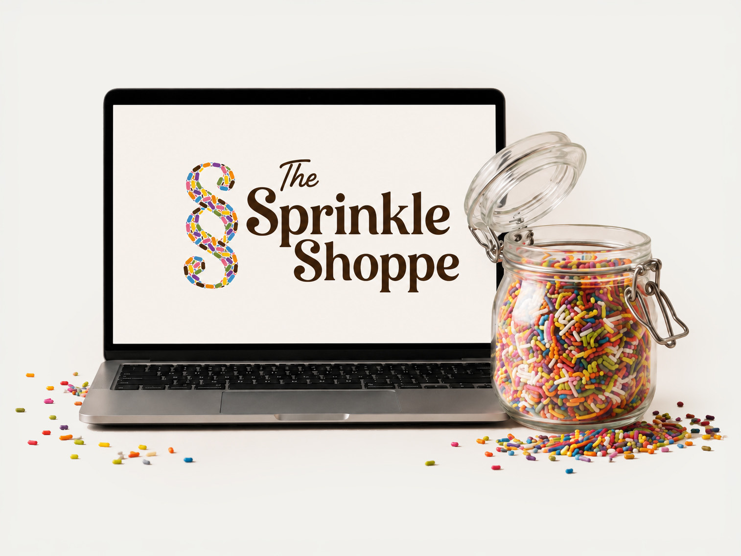 The redesigned sprinkle-brand site shown on a laptop beside a jar of sprinkles
