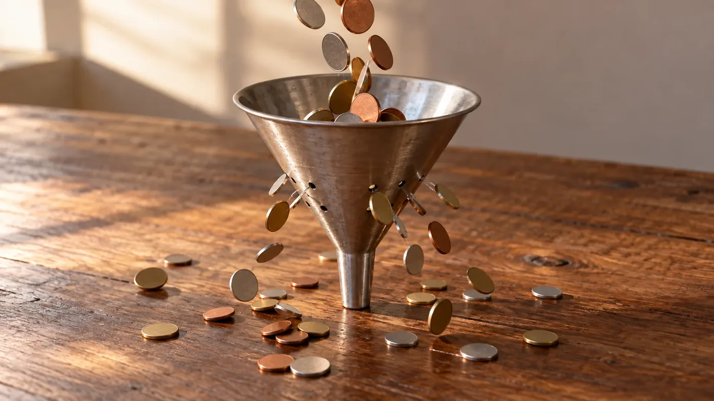 Coins escaping through holes in a metal funnel on a desk