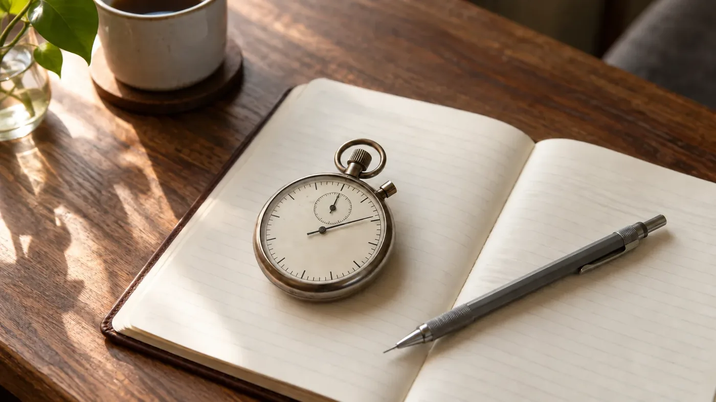 A stopwatch and a notebook of handwritten measurements on a desk