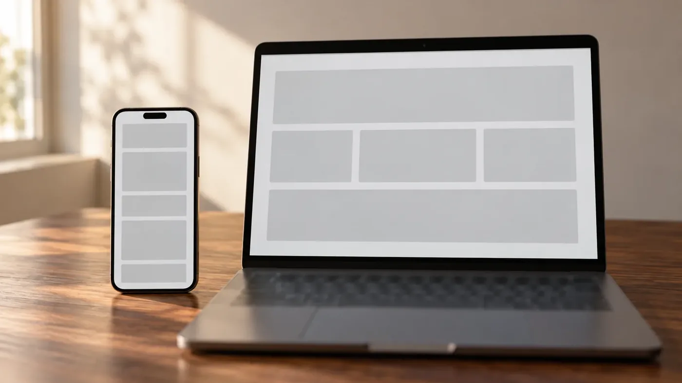 A phone and a laptop side by side on a desk showing different arrangements