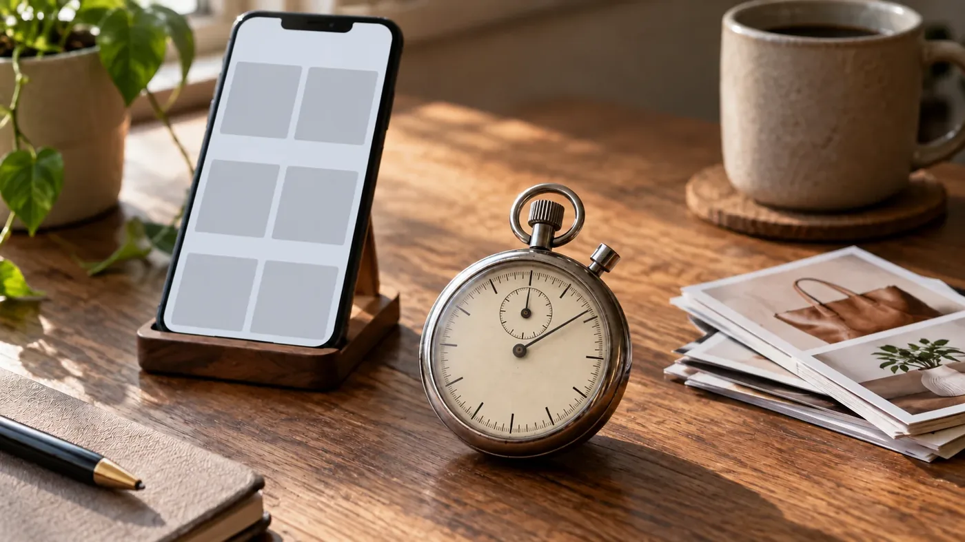 A half-loaded online store on a phone beside a running stopwatch