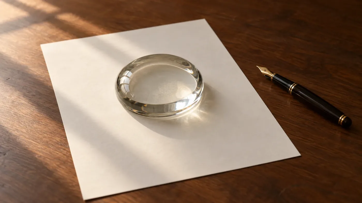 A printed page pinned under glass on a desk, unreachable