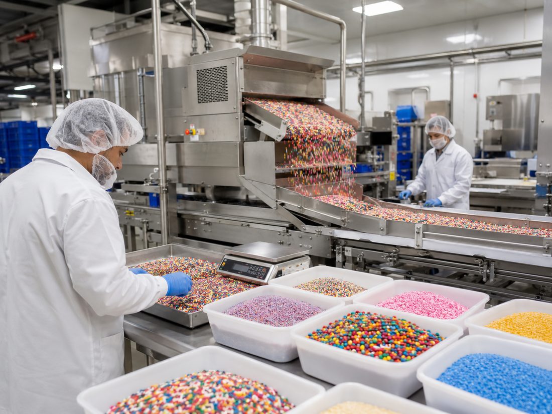 Sprinkles pouring off the production line in the family certified facility