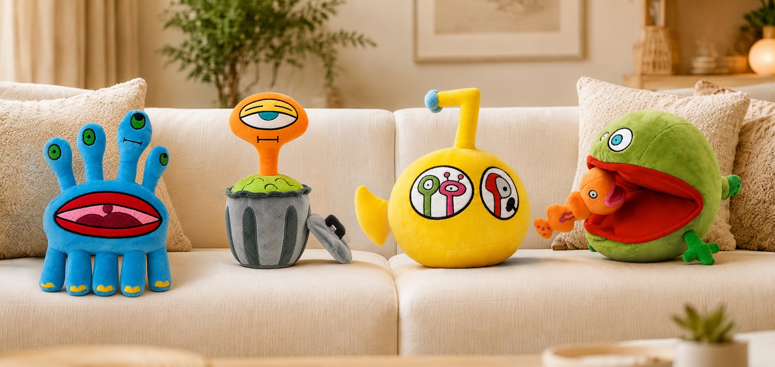 The Schnerds herd: all four plush characters together on a couch