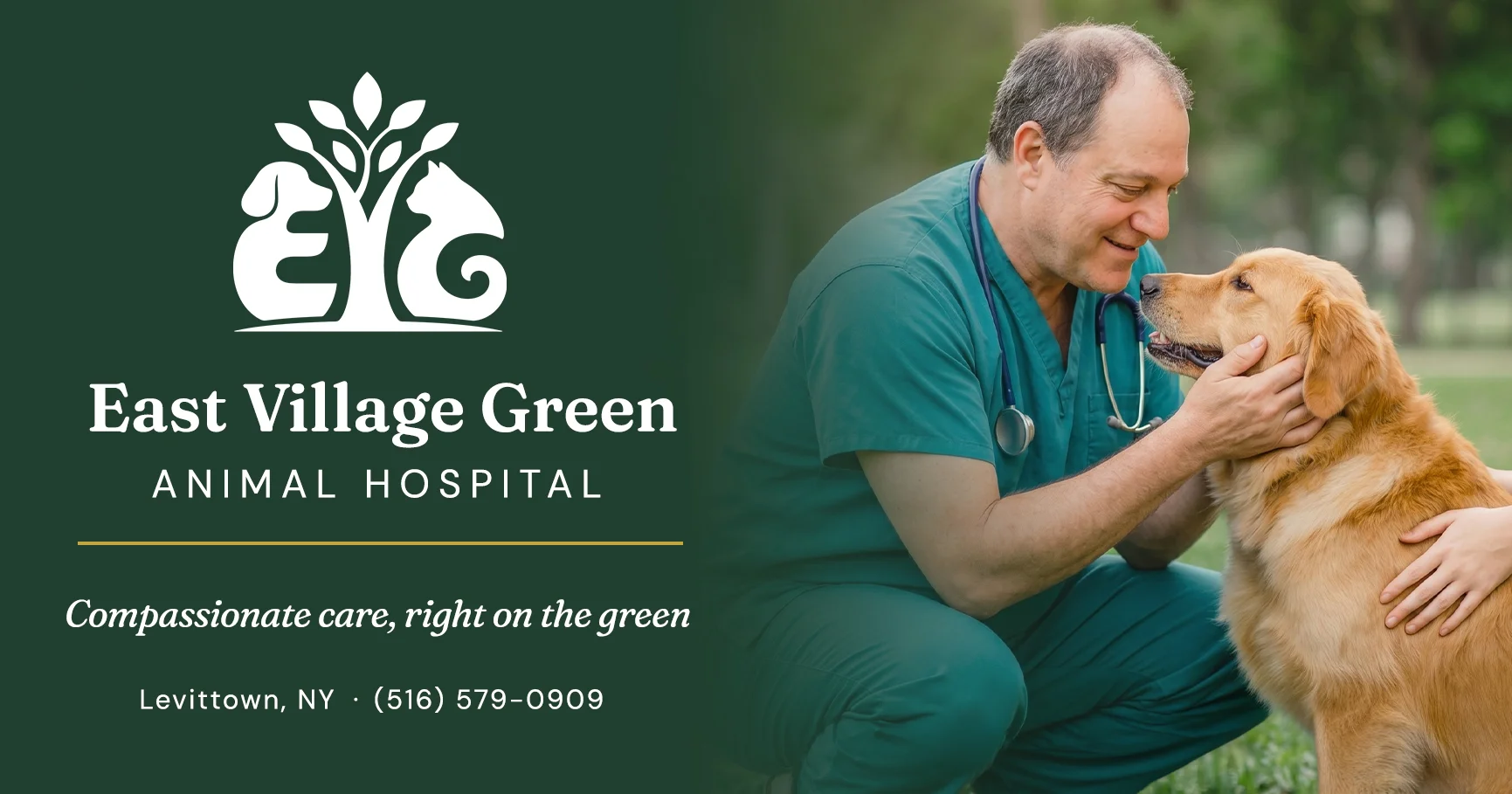 East Village Green Animal Hospital brand card: logo, wordmark, and tagline